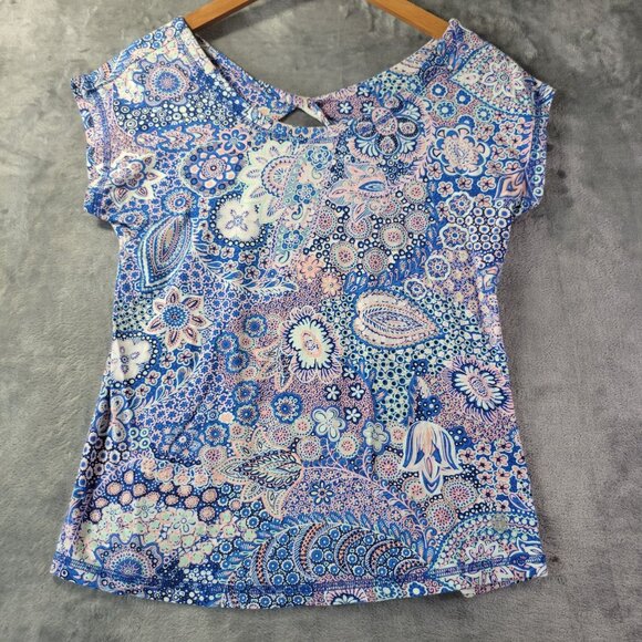 Talbots Womens Paisley Print Top Sp Blue Pink White Boho Tee Active Twisted Back - Picture 1 of 10